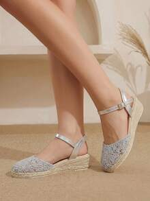 Styleloop Women's Hemp Rope Straw Woven Wedge Heel Silver Ankle Strap Woven Women's Wedge Heel Shoes Sandals Hemp Rope Shoes Boho Style - Silver 3 - View 8