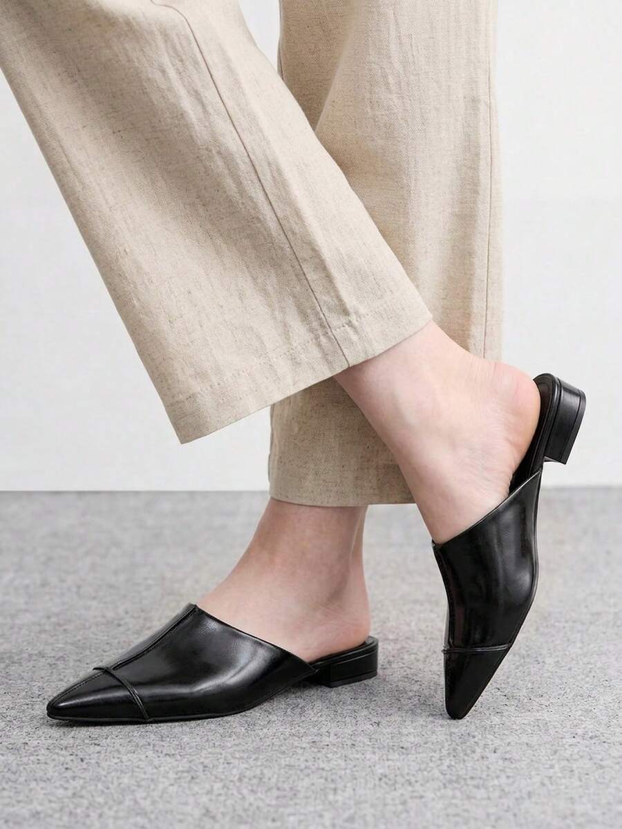 CUCCOO BIZCHIC Minimalist Style, Black Pointed Toe And Low Heels, Mules, Wearing Versatile Bright Leather, Slouchy Half-Towed Closed Toe Sandals - Black - View 1