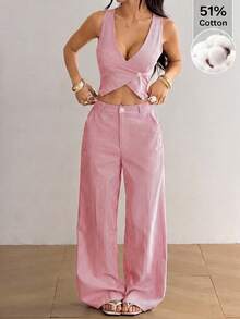 Muchica Conjunto de chaleco y pantalones con un solo botón para mujer, unicolor en otoño/invierno - Rojo y blanco - Ver 1