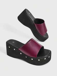 Sugerpunk Pantuflas de mujer de punta abierta con suela gruesa y remaches estilo locomotora - Burdeos - Ver 3