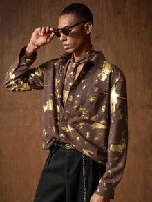 HIMLAND Luxurious Brown Shirt With Gold Metallic Abstract Print Long Sleeve Casual Button Down Top
Fashionable Long Sleeve Button Down Shirt Gold - Coffee Brown - View 3