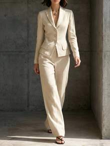 SHEIN Women's Fitted Minimalist Business Suit 2 Pieces Set - Khaki - View 4