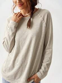 Bohemela Vacation Solid Color Knit Round Neck Raglan Sleeve Long Loose Fit Women T-Shirt Everyday Grey Autumn Casual - Beige - View 7