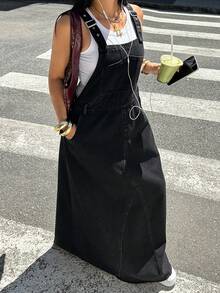 StreetHx Plus Size Women's Cross Pattern Casual Daily Wear Denim Overall Dress - Black - View 6