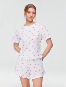 Bonmuse 两件套女士休闲睡衣套装，可爱蝴蝶结印花上衣，轻盈透气家居服套装，夏季 - 白色 - 查看 3