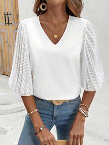EMERY ROSE Loose Fit Mesh Contrast V-Neck Shirt - White - View 4
