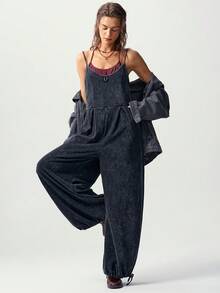 Bohemela Casual Knit Spaghetti Strap Wide Leg Women's Jumpsuit Vacation Dark Green Summer - Black - View 5