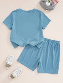 TOM & JERRY X SHEIN Young Boy Casual Style Crew Neck Short Sleeve T-Shirt And Cartoon Print Shorts Comfortable 2-Piece Set - Blue - View 2