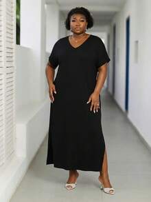 CurvyTilda Plus Size Women Spring/Summer New Fashion Commute Casual Pocket Design Split Long Dress - Black - View 4