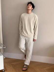 DAZY 春秋款長袖純色杏色T恤與條紋長褲男士居家休閒套裝 - 彩色 - 查看 4