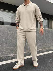 DAZY Summer Solid Color Textured Fabric Elastic Waist Men's T-Shirt Set - Beige - View 6