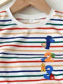 SHEIN Playful Pals 男童基础款圆领短袖T恤套装，白色底色，饰以彩色条纹图案，右侧印有卡通“1、2、3”字样，搭配同色系米色休闲短裤，短裤上也印有卡通图案，面料柔软清新，色彩鲜艳，款式可爱。 - 彩色 - 查看 6