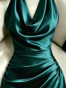 SHEIN Franclia Elegant Solid Color Cowl Neck Backless Halter Dress - Dark Green - View 5
