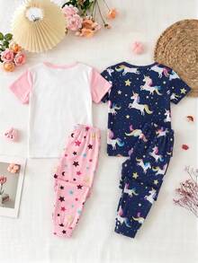 SHEIN 女童休閒極簡修身舒適圓領短袖長褲家居服套裝，4件組，適合春/夏 - 彩色 - 查看 3