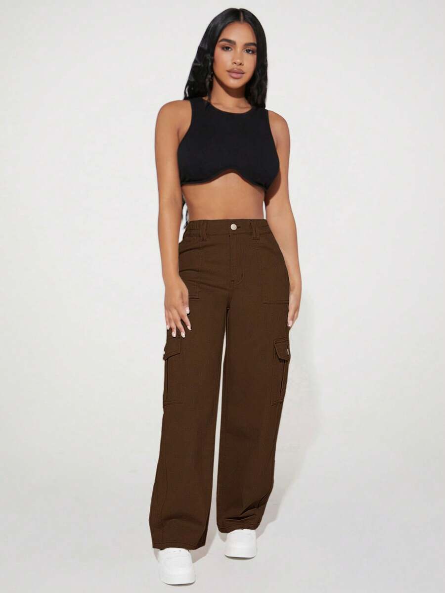 SHEIN PETITE 女款工裝口袋直筒休閒牛仔褲 - 咖啡棕 - 查看 1