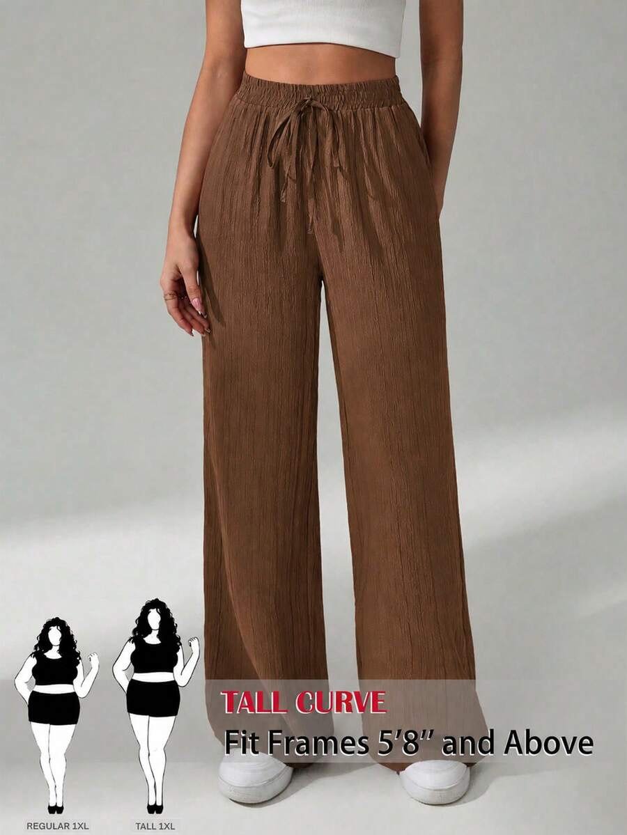 SHEIN Tall CURVE 大尺碼女款純色腰部綁帶直筒寬鬆長褲 - 棕色 - 查看 1
