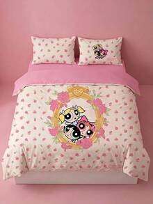 THE POWERPUFF GIRLS X Joivida 3件組粉色花卉玫瑰卡通圖案床上用品套裝，鄉村風格，適用於單人/雙人/特大床，適合宿舍、居家，是喬遷、生日或週年紀念的可愛禮物選擇 - 粉色 - 查看 3