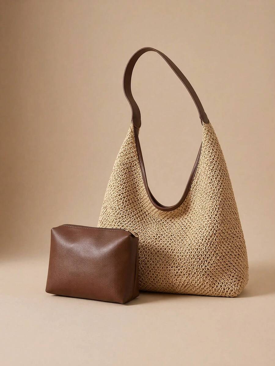 SHEIN Swim Handcrafted Woven Natural Fiber Bag With Inner Pouch Contrast Binding Snap Button, Tropical Poolside, Weekend Getaway, Island Ready & Cruise Trip - Coffee Brown - View 1