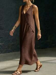 Linhara CURVE Plus-Size Women's V-Neck Sleeveless Long A-Line Dress Made Of 100 Cotton, Suitable For Holiday Casual, Bohemian, Daily Wear, Beach Formal Vacation - Brown - View 3