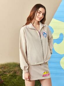 SCOOBY-DOO X SHEIN Letter And Cartoon Graphic Drop Shoulder Drawstring Hem Jacket & Skirt - Apricot - View 8