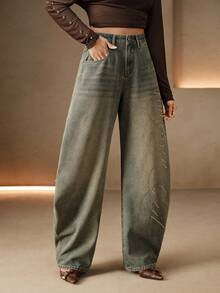 Anewsta Women's Street Fashion Rhinestone Studded Pocket Button Loose Fit Denim Jeans - Dark Wash - View 5