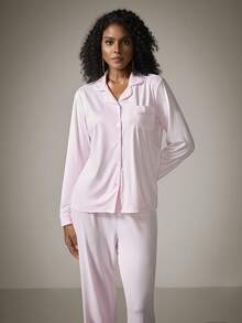 DreamPoppy 2pcs Women Lapel Button Down Long Sleeve Top + Elastic Waist Pants Pajama Set - Pink - View 8