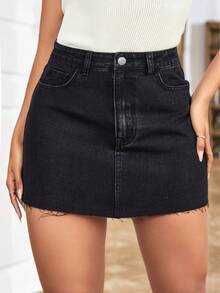 EMERY ROSE Plus Size Women's Casual Denim Mini Skirt With Pockets - Black - View 7