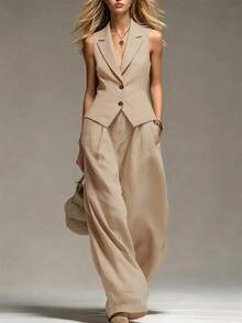 Everyssa Women's Khaki Sleeveless Blazer Vest & Wide Leg Pants 2 Pieces Set, Fashion Commuter Suit - Khaki - View 1