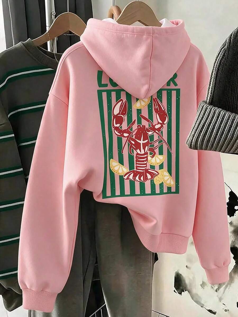 粉色可愛女童連帽衛衣,舒適版型適合所有身型,背面趣味龍蝦與檸檬印花,寬鬆落肩設計讓中大童活動自在,適合日常穿著,厚實面料耐穿易打理,吸睛舒適,適合外出與返校季 - 彩色 - 查看 1