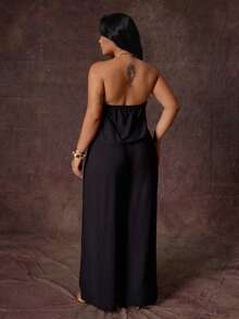 Rustia Fashion Spaghetti Strap Cowl Neck Camisole Loose Wide Leg Plus Size Women's Outfit - Black - View 2