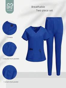 TaskEZ Conjunto de uniforme médico con top de manga corta y pantalones largos - Azul - Ver 14