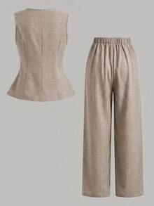 SHEIN Girlism 兒童青少年女孩春夏編織條紋優雅復古休閒通勤無袖鈕扣背心與長褲套裝，金屬鈕扣開合，優雅復古穿搭，返校季 - 彩色 - 查看 2