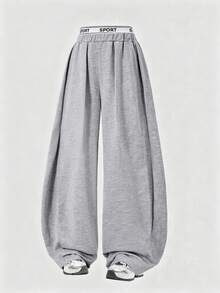 SHEIN 青少年女孩字母印花休閒日常穿著寬腿運動長褲 - 灰色 - 查看 6