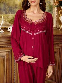 PalaceNights Exquisite Lace Heavy Embroidery Trim Square Neck Long Sleeve Loose Maternity Pajama Set - Burgundy - View 6