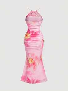 SHEIN MOD 女款甜美時尚花卉印花百褶細肩帶洋裝 - 粉色 - 查看 6