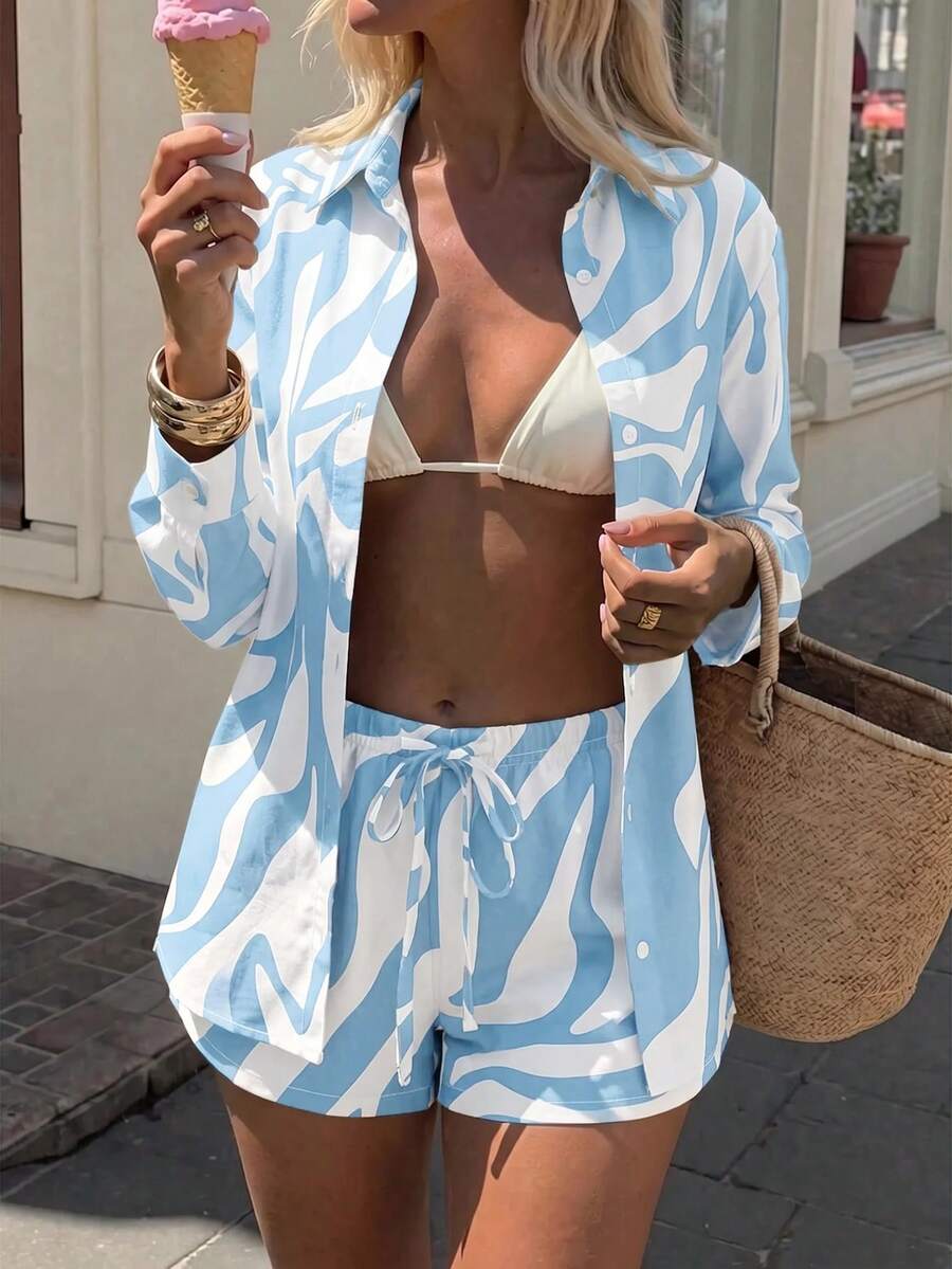 Aloruh 女款米白色條紋寬鬆罩衫配短褲休閒熱帶風涼爽性感百搭度假套裝，適合海灘派對夏季泳裝 - 淺藍色 - 查看 1