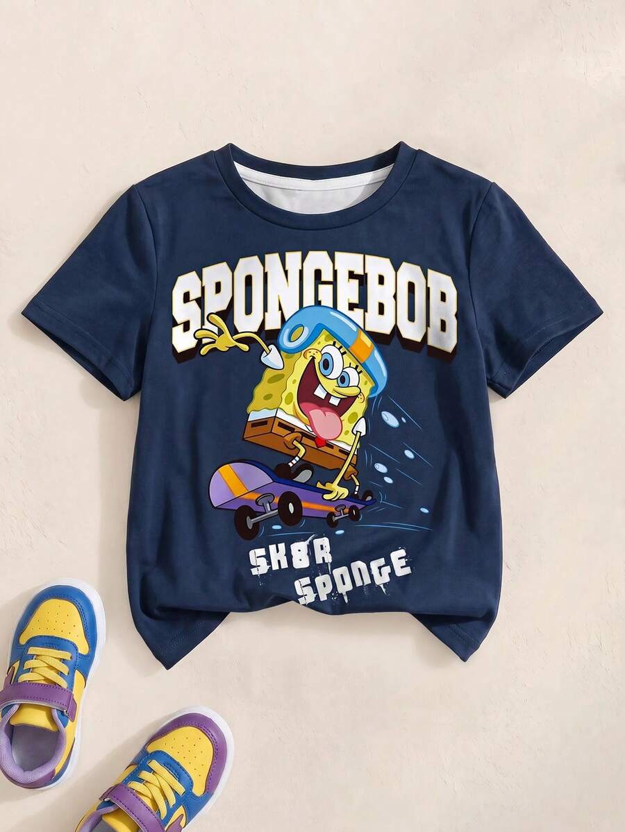 SpongeBob SquarePants | SHEIN 小男孩卡通印花全身印花T恤 - 白色 - 查看 1