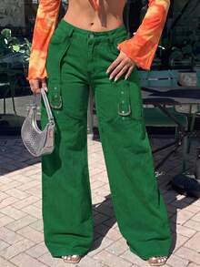 Slaydiva Plus Size Casual Everyday Street Snap Button Detail Loose Fit Jeans - Green - View 7