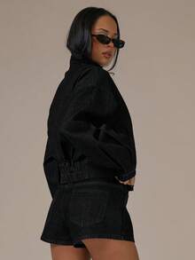 MUSERA Denim High Neck Balloon Sleeve Zip Through Jacket Spring Summer Cute Cosy Cottage Core Spring Dew - Black - View 4