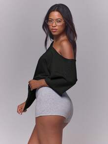 MUSERA Black Jersey Slouchy Off The Shoulder Raw Hem Cinched Gathered Waist Longline Oversized Tee - Black - View 3