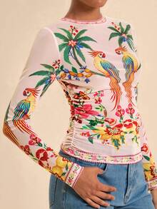 Travachic Women's Coconut Tree & Bird Print Pleated Slim Fit Long Sleeve Top For Daily Wear - Multicolor - View 9