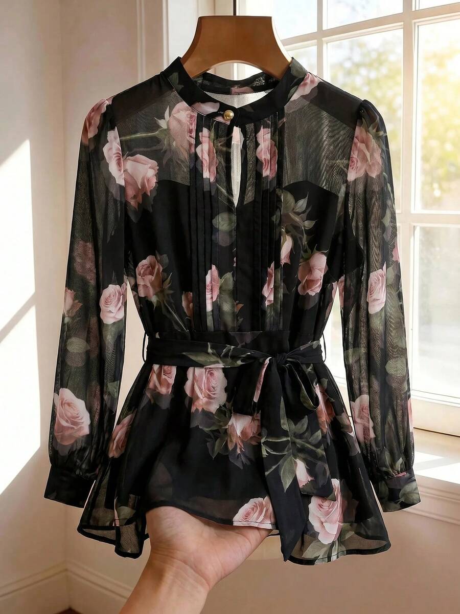 SHEIN Clasi 女款優雅通勤花卉印花襯衫附腰帶 - 彩色 - 查看 1