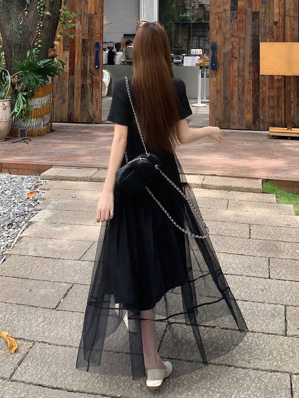 Summer V-Neck Short Sleeve Waist-Cinching Contrast Mesh Layered Hem Solid Color Mid-Length Women's Dress Brunch Black Casual Cute Tops