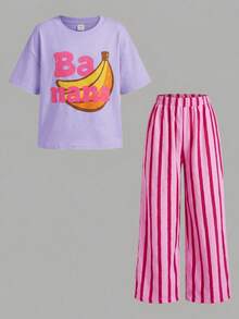 SHEIN LMoss Kids 女童字母香蕉印花短袖T恤與條紋長褲休閒日常套裝 - 淡紫色 - 查看 3