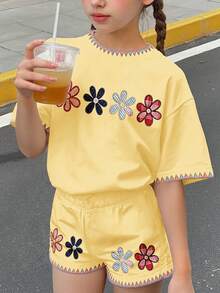 可愛復古花卉貼花刺繡圖案，青少年女孩休閒極簡短袖上衣與短褲兩件套，適合夏季日常、上學、外出、返校，時尚女孩慵懶風 - 彩色 - 查看 3