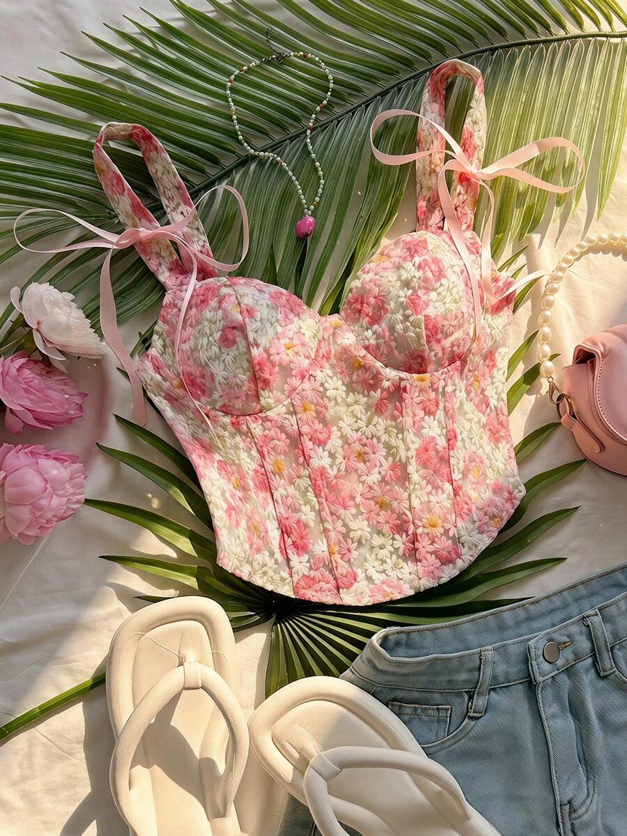 Soleia Women's Floral Embroidered Pattern Casual Versatile Daily Outing Camisole Top No Chest Padding - Multicolor - View 1