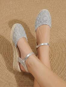 Styleloop Women's Hemp Rope Straw Woven Wedge Heel Silver Ankle Strap Woven Women's Wedge Heel Shoes Sandals Hemp Rope Shoes Boho Style - Silver 3 - View 11