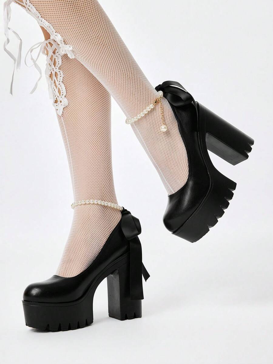 ROMWE Kawaii Sepatu Hak Tinggi Platform Seksi Wanita, Gaya Punk Gothic Gelap Elastis dengan Desain Mutiara dan Pita Renda, Modis dan Serbaguna - Tinta hitam - View 1
