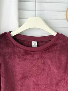 SHEIN 女童簡約格紋蝴蝶結裝飾落肩上衣與長褲睡衣套裝（2件組）－舒適寬鬆版型，適合秋冬穿著 - 紅色 - 查看 4