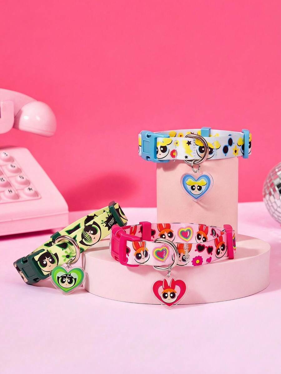 THE POWERPUFF GIRLS X PETSIN 卡通印花可愛寵物基礎款狗項圈 - 彩色 - 查看 1